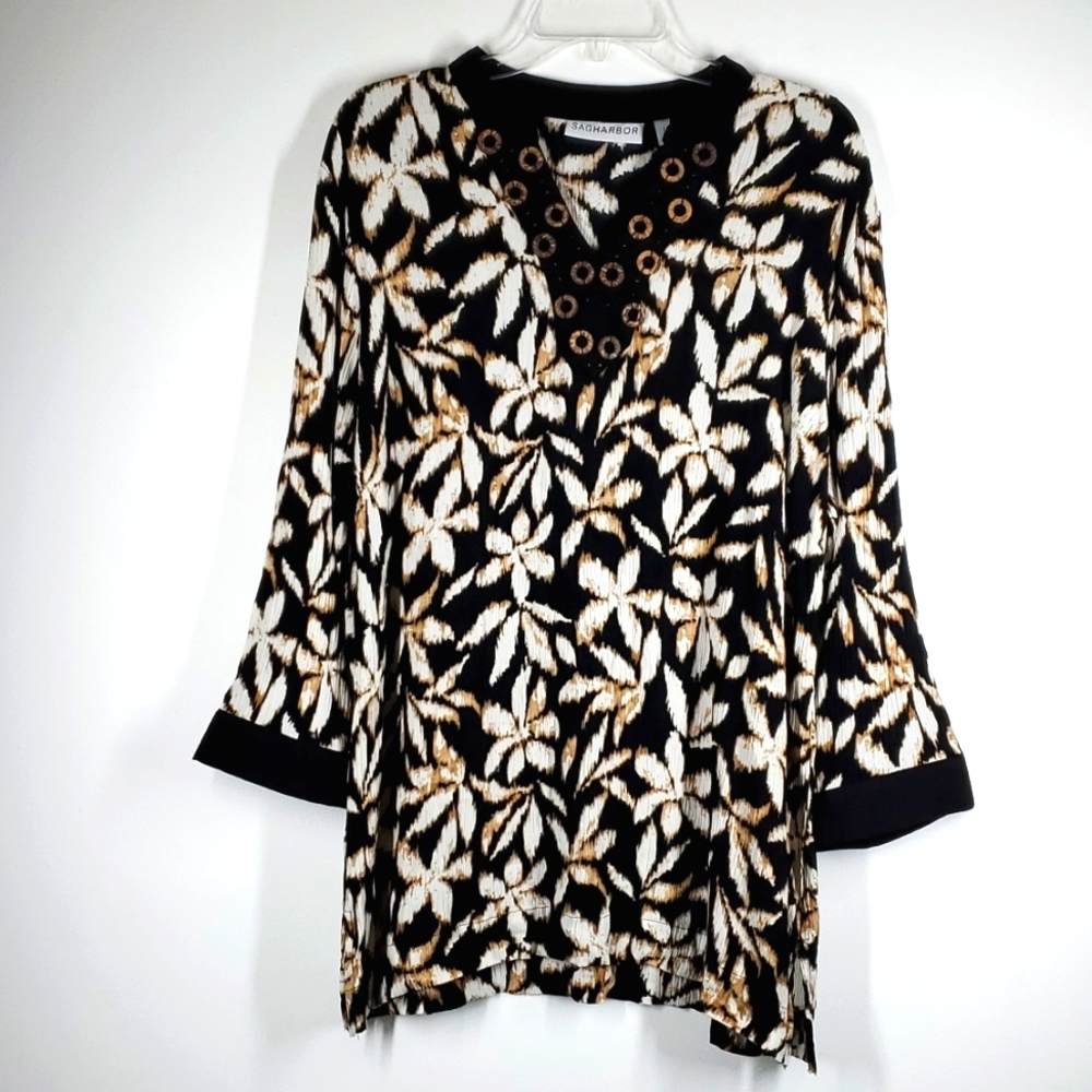 SAG HARBOR Black White Floral V Neck Hi Low Tunic Top L NWOT